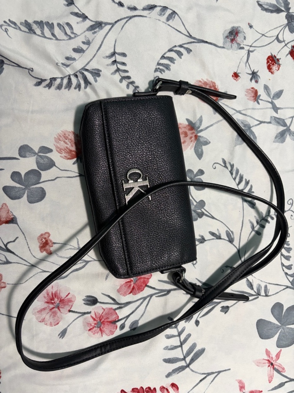 Calvin Klein Black Pebbled Leather Mini Crossbody with Silver Logo